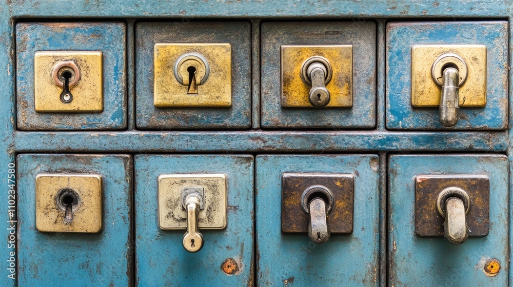 Close-up of eight antique blue wooden drawers with various aged brass and metal locks. Close-up of eight antique blue wooden drawers with various aged brass and metal locks.