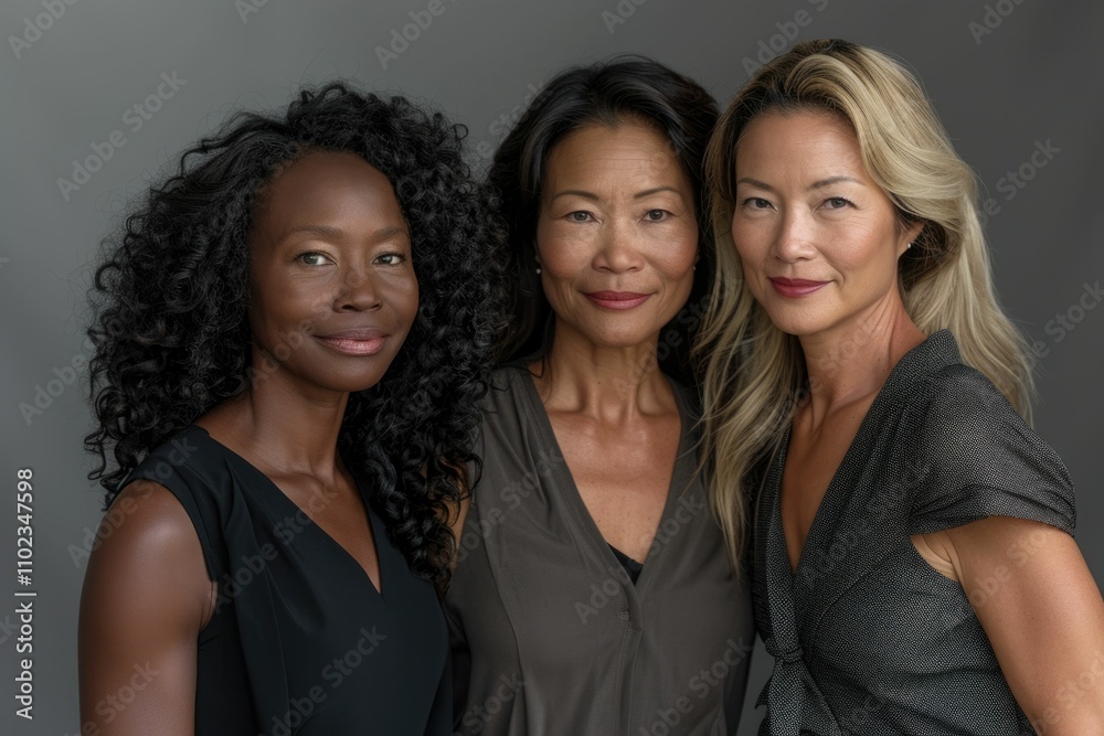 A diverse group of three women standing elegantly together against a grey studio background. A diverse group of three women standing elegantly together against a grey studio background.