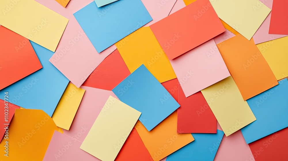 Colorful Arrangement of Various Rectangular Paper Sheets in Vibrant Shades of Red, Blue, Yellow, Pink, and Orange on a Flat Surface for Creative Use Colorful Arrangement of Various Rectangular Paper Sheets in Vibrant Shades of Red, Blue, Yellow, Pink, and Orange on a Flat Surface for Creative Use