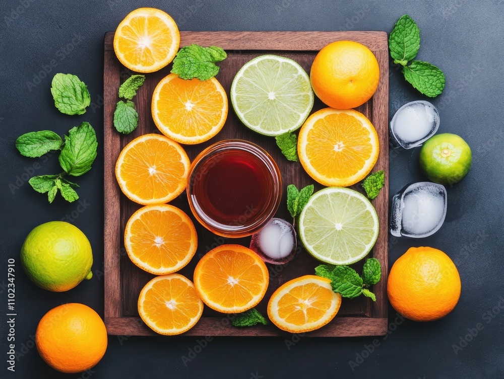 Fresh Citrus Fruits with Mint Leaves and a Drink on a Dark Background, Showcasing a Vibrant and Colorful Arrangement of Oranges, Limes, and Mint Fresh Citrus Fruits with Mint Leaves and a Drink on a Dark Background, Showcasing a Vibrant and Colorful Arrangement of Oranges, Limes, and Mint