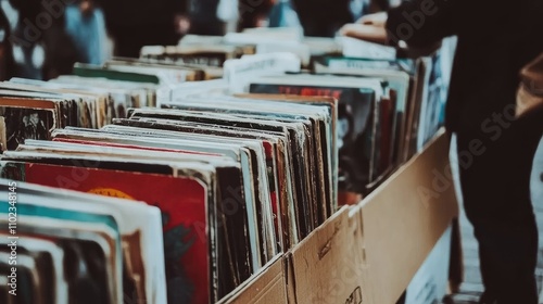Close-up of numerous vinyl records displayed at an outdoor market, showcasing a variety of genres and artists.