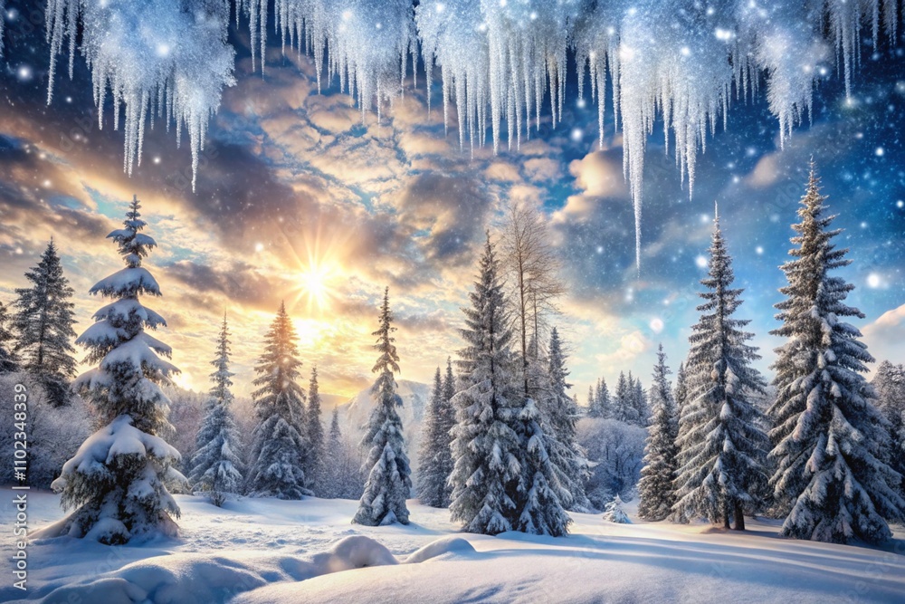 enchanting winter wonderland with snow covered trees, icicles, and glowing sunlight, perfect wallpaper background enchanting winter wonderland with snow covered trees, icicles, and glowing sunlight, perfect wallpaper background