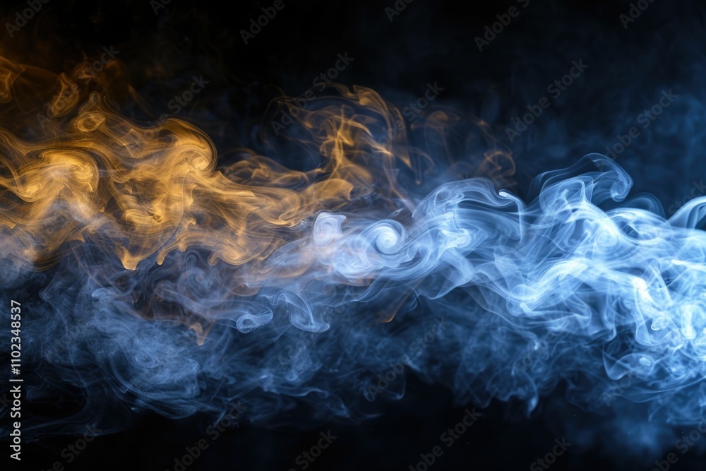 Blue and yellow steam on a black background. Copy space. Blue and yellow steam on a black background. Copy space.