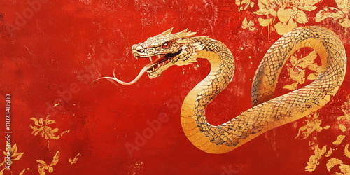 Snake reptile dragon illustration gold and red. Chinese New Year zodiac. Year of the snake. 