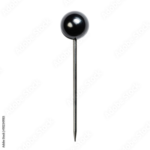 Black pushpin with a round head, isolated on transparent cutout background