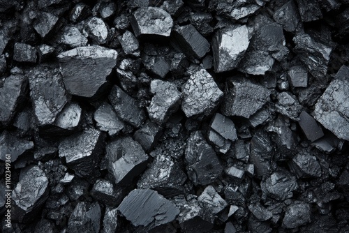 Close-up of rugged coal surface with black tones, natural highli photo