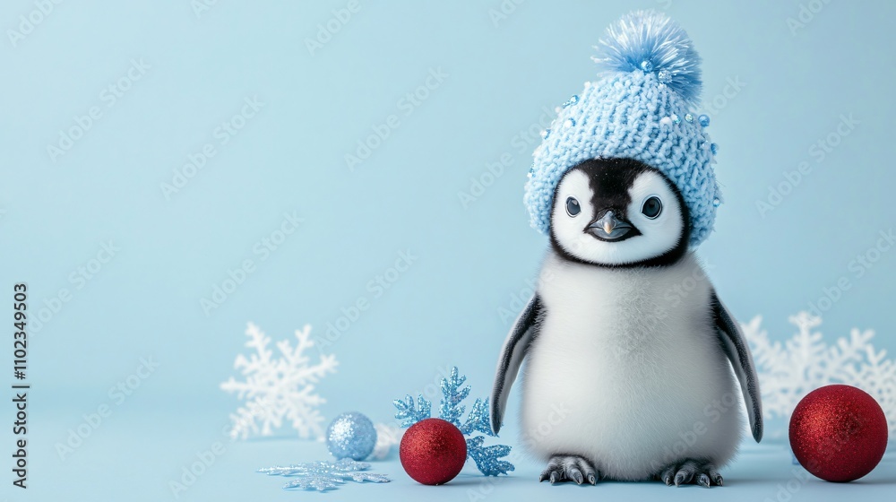 Obraz premium A baby penguin wearing a festive New Year’s hat with icy blue decorations and snowflakes around it, isolated on a pale blue background