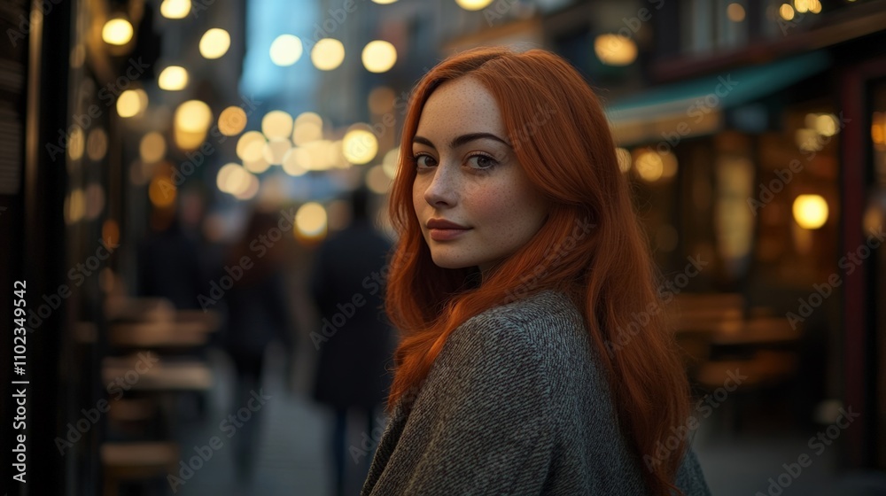 Charming Redhead in Warm Lights: A Cozy Evening in a Beautiful Street Charming Redhead in Warm Lights: A Cozy Evening in a Beautiful Street