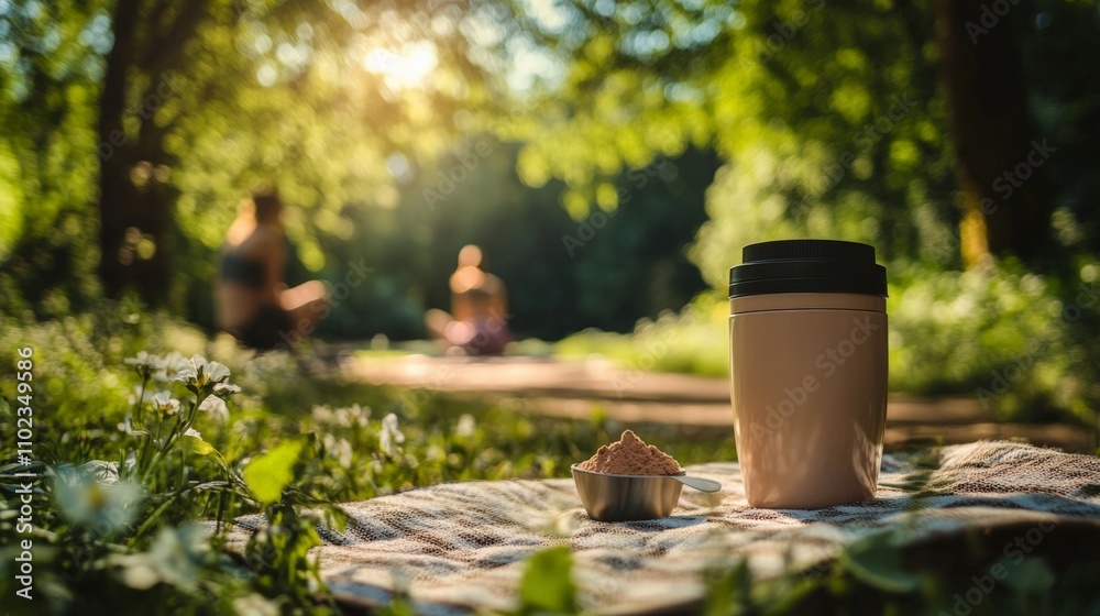Relaxing picnic in a sunny park with coffee and snacks on a blanket surrounded by nature Relaxing picnic in a sunny park with coffee and snacks on a blanket surrounded by nature