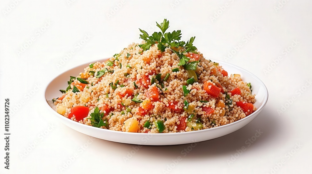 A vibrant plate of couscous salad featuring fresh vegetables and herbs, perfect for healthy meals or as a colorful side dish. A vibrant plate of couscous salad featuring fresh vegetables and herbs, perfect for healthy meals or as a colorful side dish.