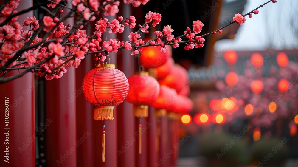 Beautiful Cherry Blossom Branches with Red Lanterns Hanging in Traditional Setting, Showcasing a Serene Atmosphere and Rich Cultural Aesthetics during Festive Season Beautiful Cherry Blossom Branches with Red Lanterns Hanging in Traditional Setting, Showcasing a Serene Atmosphere and Rich Cultural Aesthetics during Festive Season
