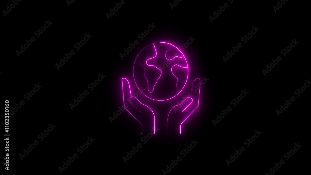 World humanitarian day. Animated of hand and moving globe On black background.  pink color on a black background. 4k motion graphic