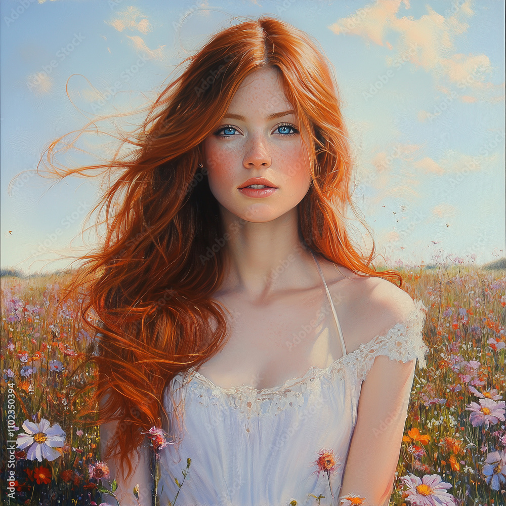 Woman with long flowing red hair and blue eyes, light dress, field of ...