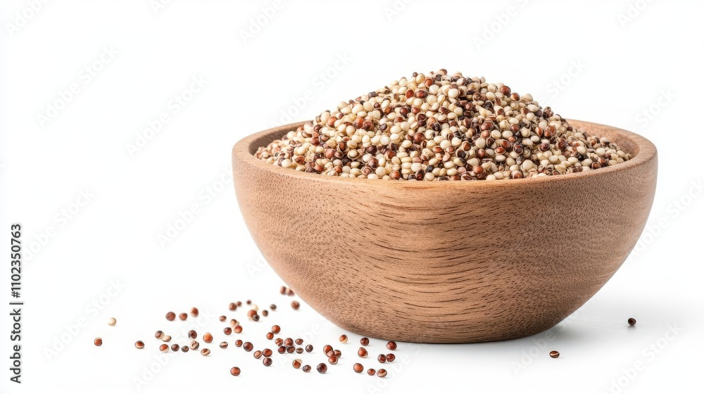 A wooden bowl filled with a variety of quinoa grains. Nutrient-rich and versatile, quinoa is a popular superfood ideal for healthy meals. A wooden bowl filled with a variety of quinoa grains. Nutrient-rich and versatile, quinoa is a popular superfood ideal for healthy meals.