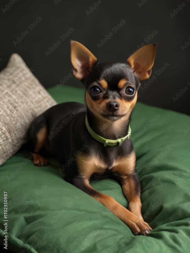 A small Chihuahua dog resting gracefully on a green cushion with a dark background A small Chihuahua dog resting gracefully on a green cushion with a dark background