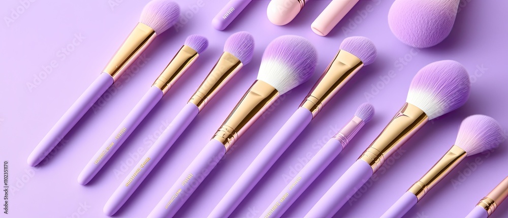 Aesthetic Collection of Lavender Makeup Brushes with Soft Bristles on a Pastel Purple Background for Beauty and Cosmetic Enthusiasts and Professionals Aesthetic Collection of Lavender Makeup Brushes with Soft Bristles on a Pastel Purple Background for Beauty and Cosmetic Enthusiasts and Professionals
