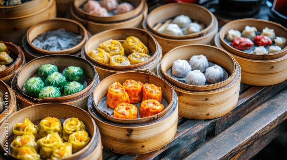 Dim sum variety in bamboo steamers, featuring colorful dumplings, buns, and rice rolls, with tea and sauces on a wooden table for an authentic Chinese culinary experience. Dim sum variety in bamboo steamers, featuring colorful dumplings, buns, and rice rolls, with tea and sauces on a wooden table for an authentic Chinese culinary experience.