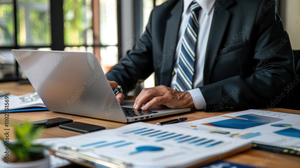 Senior man sitting at desk with laptop, handling important documents, managing finances or business matters. Senior man sitting at desk with laptop, handling important documents, managing finances or business matters.