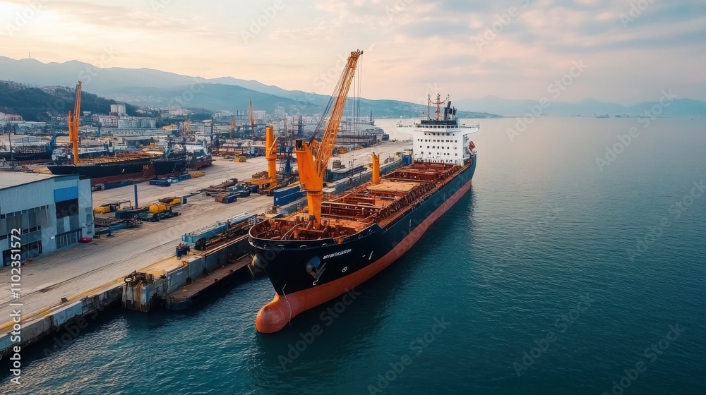 Obraz premium Cargo Ship Docked at Port during Sunrise, Industrial Harbor View with Cranes and Mountains in Background, Maritime Logistics and Transportation Scene