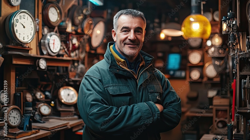 Male clocksmith wearing a warm jacket, standing in a clock repair shop filled with clocks and bright lights, smiling at the camera, representing expert craftsmanship. Male clocksmith wearing a warm jacket, standing in a clock repair shop filled with clocks and bright lights, smiling at the camera, representing expert craftsmanship.