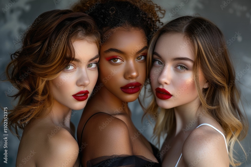 Three diverse women standing together in studio. Three diverse women standing together in studio.