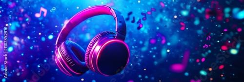 Neon Headphones Floating in Music Notes - Glowing headphones, vibrant colors, music notes, energy, freedom.  Symbolizes sound, technology, entertainment, joy, and rhythm.