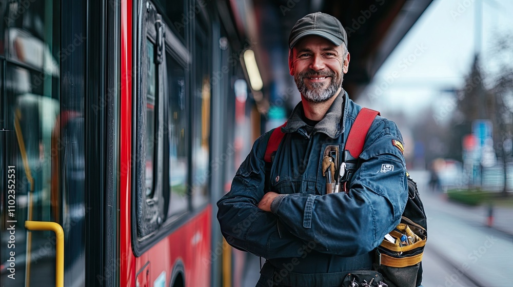 Mechanic standing confidently in his uniform with a tool bag over his shoulder, smiling in front of a red bus parked at the station.