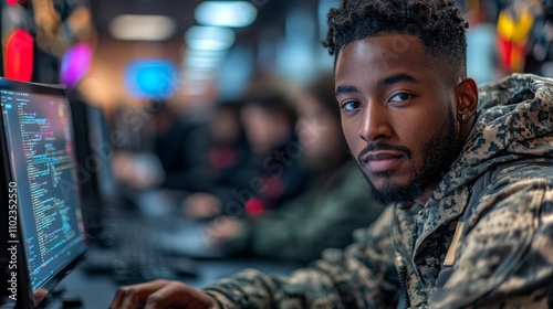 Veteran develops a small software application in a tech workspace during a coding session