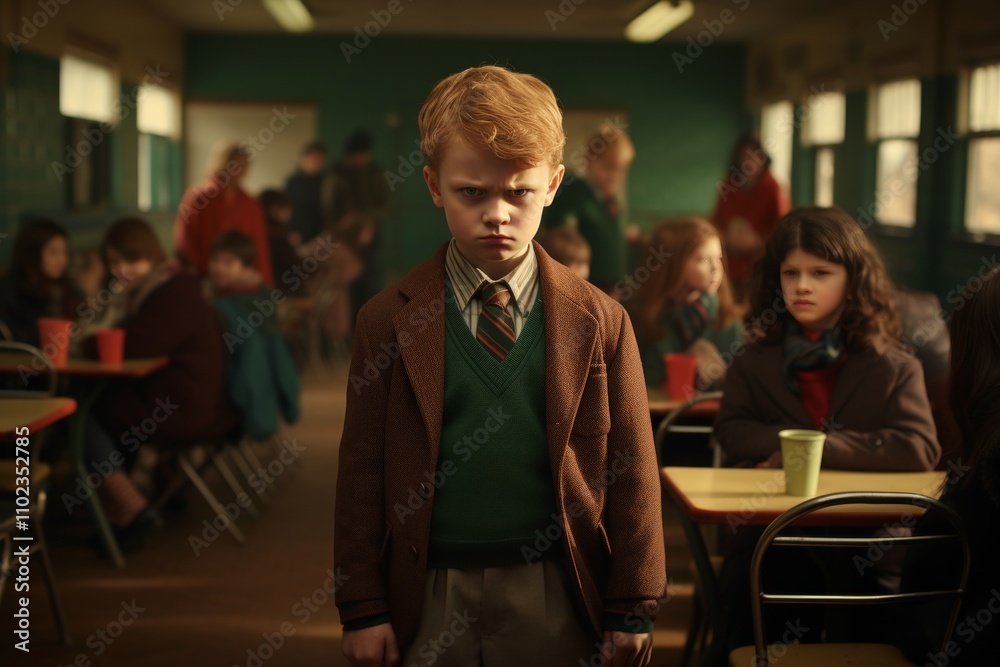 Childrens behavioral problems at school. Mobbing, bossing in the classroom. Portrait of an angry boy