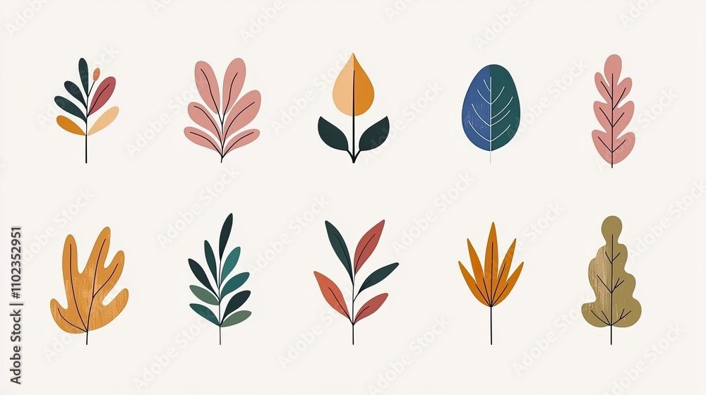 Colorful Illustrations of Various Leaves and Plants Displayed on a Cream Background, Perfect for Nature-Themed Designs and Eco-Friendly Projects Colorful Illustrations of Various Leaves and Plants Displayed on a Cream Background, Perfect for Nature-Themed Designs and Eco-Friendly Projects