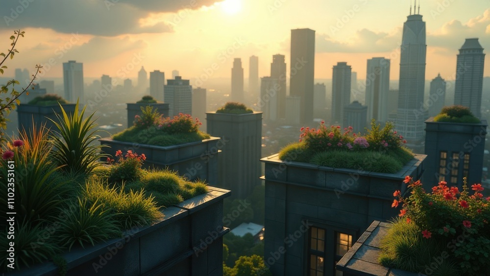 Fototapeta premium Cityscape, green rooftops, ecology
