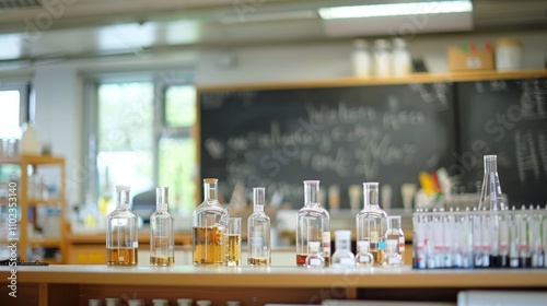 A vibrant science laboratory showcasing instruments, test tubes, and chalkboard equations