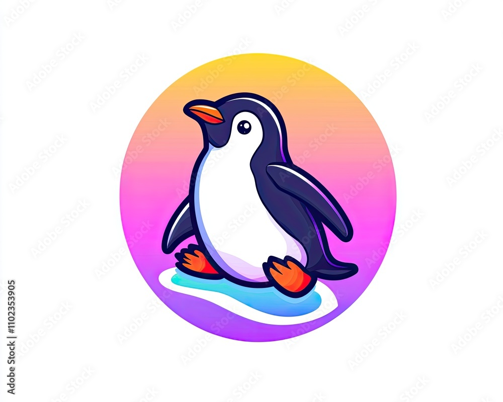 Obraz premium Cute illustrated penguin character sliding on ice with vibrant gradient background, perfect for children's products, winter themes, and creative designs