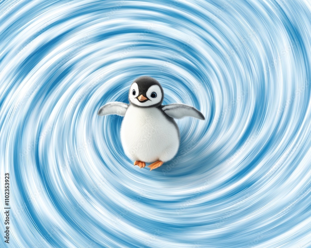 Obraz premium Cute cartoon penguin character spinning playfully in a whimsical blue swirling background, exuding joy and fun in a colorful animated scene for children and families