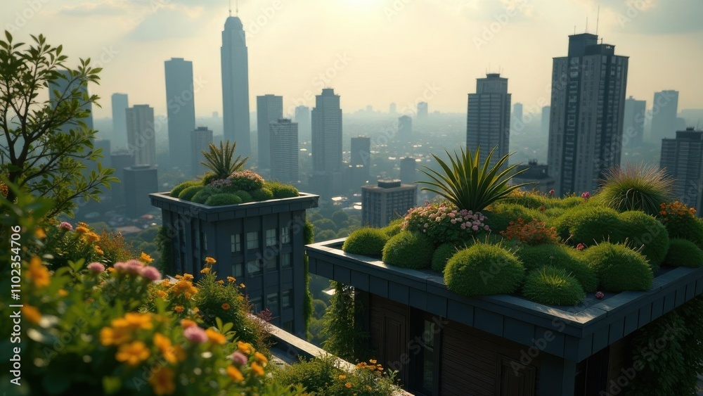 Fototapeta premium Cityscape, green rooftops, ecology