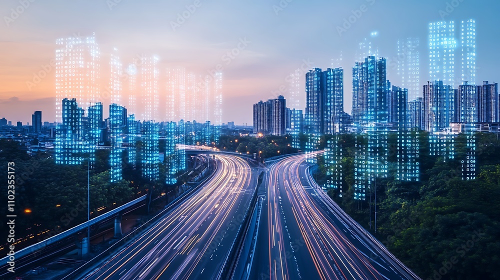 Obraz premium 3d city digital binary towers high-speed highway concept big data machine learning artificial intelligence hyper loop virtual reality random seed aspect ratio 16:9