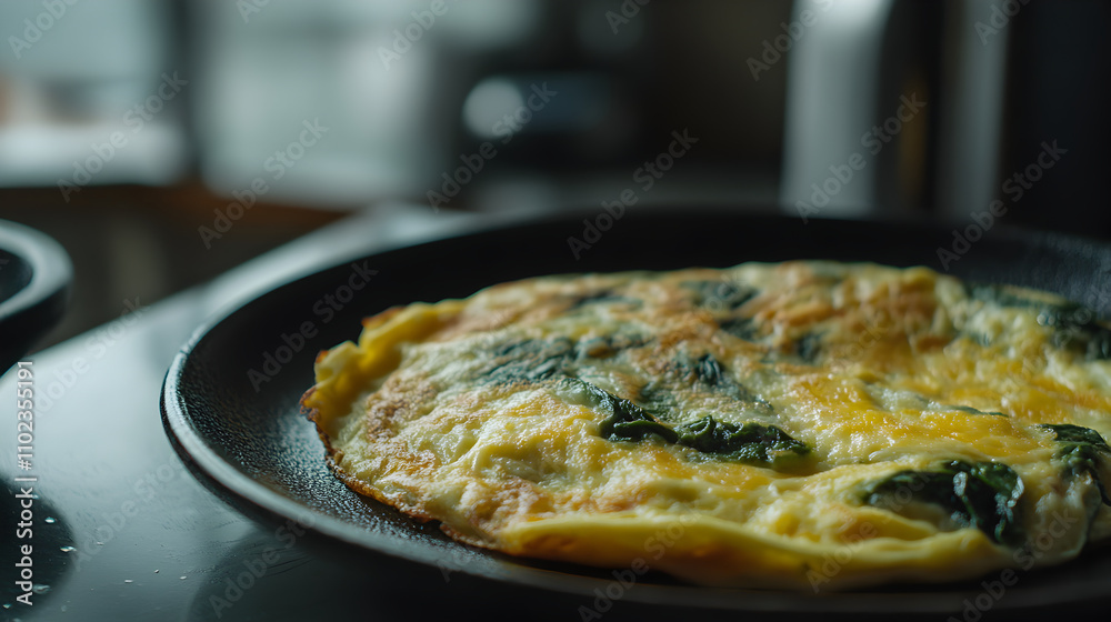 Omelette with spinach and cheese cooking in a frying pan for a healthy biohacking diet Omelette with spinach and cheese cooking in a frying pan for a healthy biohacking diet