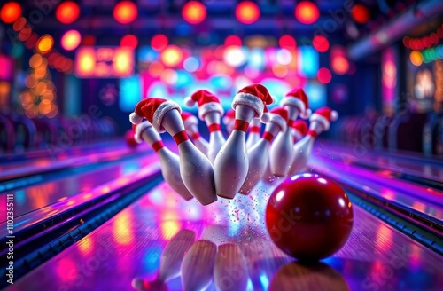 Christmas bowling, skittles in Santa's little hats on the lane fly away from the ball, neon light