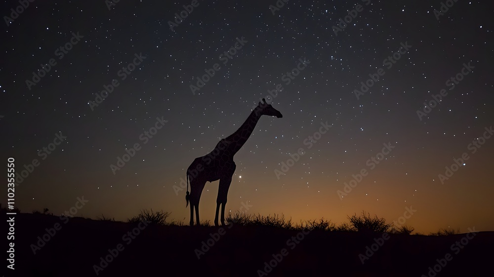 Silhouette of a giraffe and a horse against a vibrant sunset sky, capturing the wild beauty of the African savannah Silhouette of a giraffe and a horse against a vibrant sunset sky, capturing the wild beauty of the African savannah