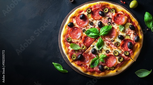 Delicious pepperoni pizza with olives and fresh basil on a dark background