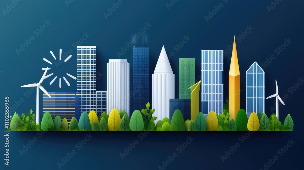 Modern Cityscape Illustration Featuring Green Energy Solutions with Wind Turbines, Lush Trees, and Diverse Architectural Styles in a Vibrant Environment Modern Cityscape Illustration Featuring Green Energy Solutions with Wind Turbines, Lush Trees, and Diverse Architectural Styles in a Vibrant Environment