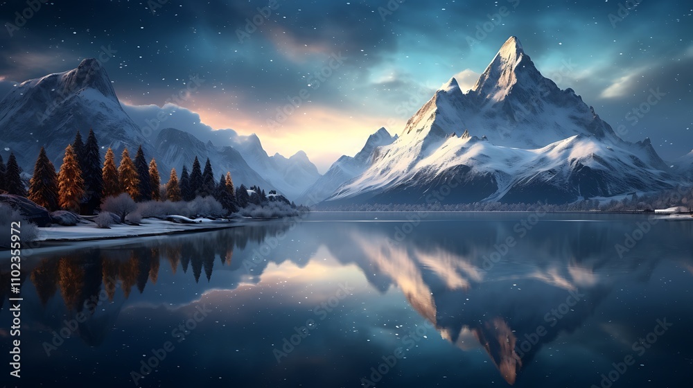 A serene lake surrounded by snow-covered mountains, reflecting the ethereal glow of a Christmas star in the winter night sky A serene lake surrounded by snow-covered mountains, reflecting the ethereal glow of a Christmas star in the winter night sky