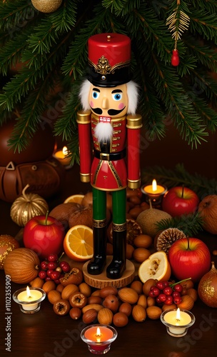 Traditional Christmas nutcracker with festive fruits, nuts, candles, and pine decorations, vertical format photo