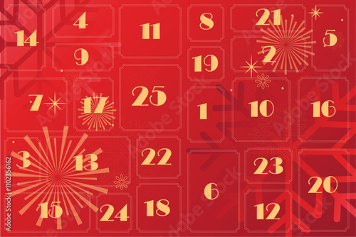advent calendar in red tones with gold numbers