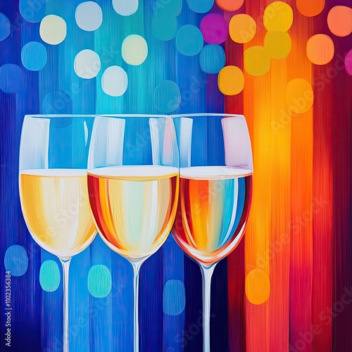 Wallpaper Mural Three Elegant Wine Glasses Filled with Sparkling Beverage Against a Colorful Background of Blurred Lights and Warm Hues Celebrating Joyful Moments Torontodigital.ca