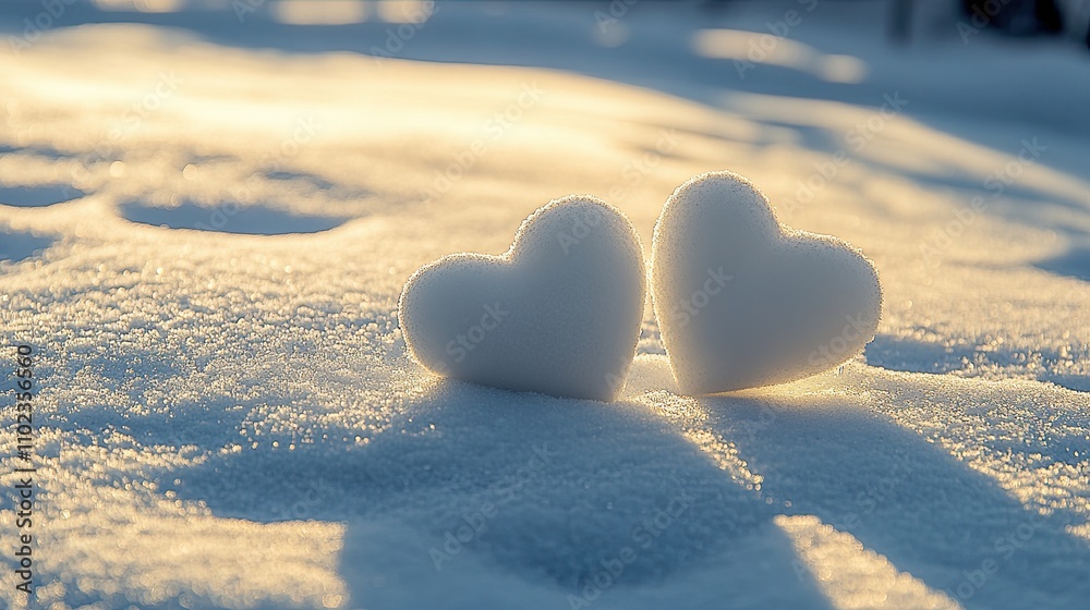 Fototapeta premium Two white hearts on the snow, with shadows cast by sunlight, romantic, beautiful, dreamy.