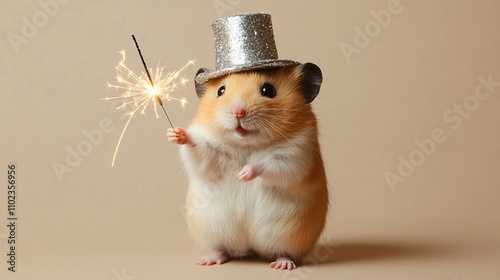 A fluffy hamster with a silver New Year’s top hat, holding a tiny sparkler, isolated on a neutral background photo