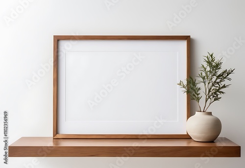 Wood frame mockup on white wall with pot of flowers on white surface. Dark wood. Copy space.