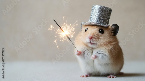 A fluffy hamster with a silver New Year’s top hat, holding a tiny sparkler, isolated on a neutral background photo