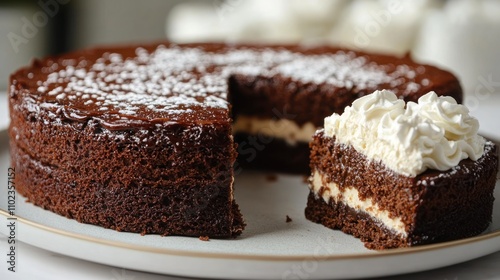 Chocolate cake with creamy filling garnished for a delightful dessert experience